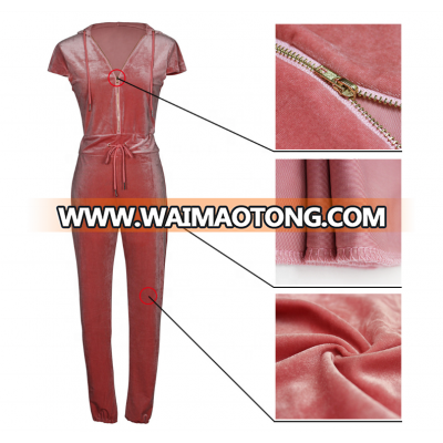 Oem tie waist  pink/black skin tight women  long pant velvet jumpsuit casual summer stretch polyester sanpdex female jumpsuits