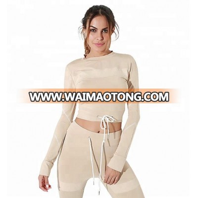 Custom crop top suit women fitted cropped long sleeve pullover tracksuit halter crop top sexy activewear  front tie top pants