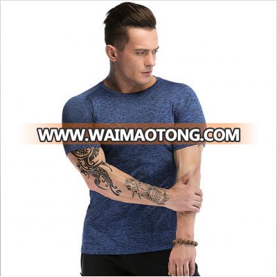 Gym mens skin tight crew neck t shirt 95% cotton 5% spandex round neck  fitted t shirts for men mens workout muscle fit tshirt