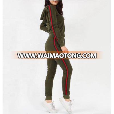 Oem  side stripe sports track suit set for women with hood polyester skinny fitted tracksuit stripes khaki sweatsuit tracksuit